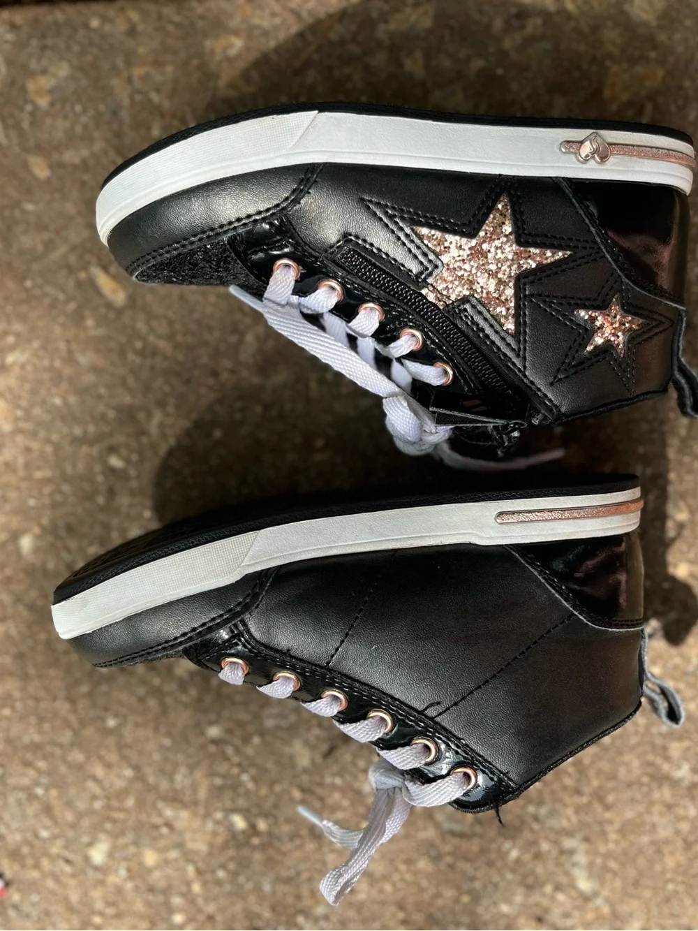 Skechers Kids Black High-Top Sneakers with Rose Gold Star Accents Size 12